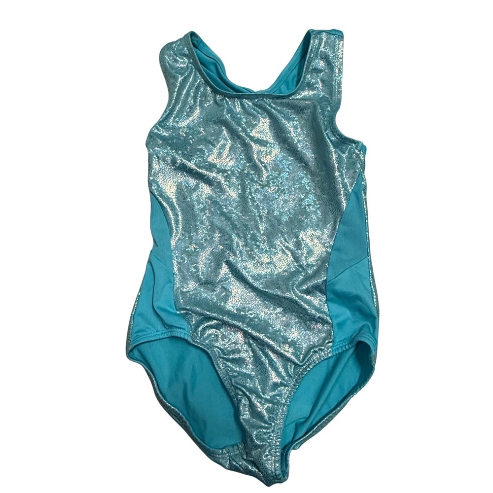 More Than Magic Girls Teal Shimmer Foil Gymnastics Leotard Crisscross Back M 7/8